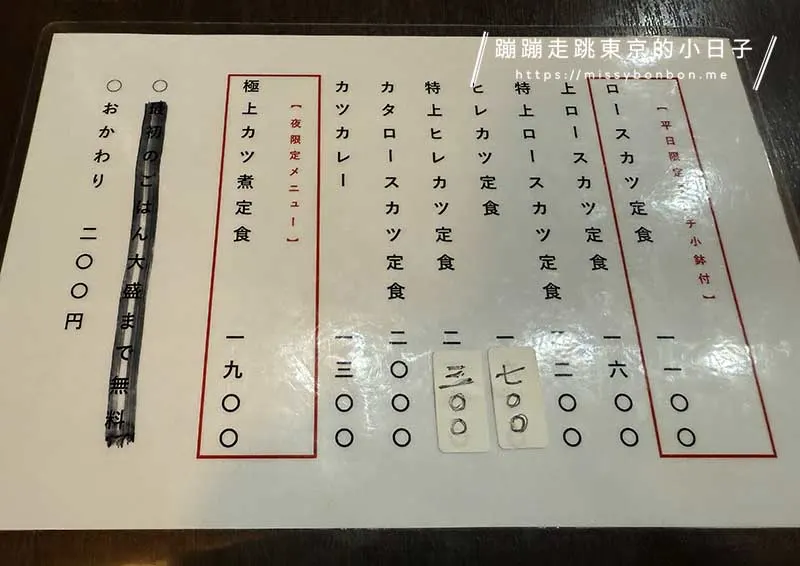 【東京美食推薦】大森「とんかつ 鉄」 (豬排 鐵) 日式炸豬排菜單